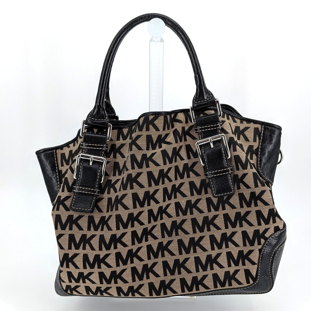 Michael Kors Bedford‎ Signature MK Jacquard Satchel Bag Black Beige w/ Strap MK